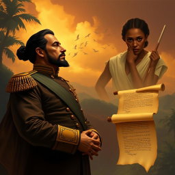 A powerful and evocative illustration of Simón Bolívar, the Liberator of America, depicted in a contemplative and solemn stance