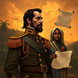 A powerful and evocative illustration of Simón Bolívar, the Liberator of America, depicted in a contemplative and solemn stance