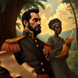 A powerful and evocative illustration of Simón Bolívar, the Liberator of America, depicted in a contemplative and solemn stance