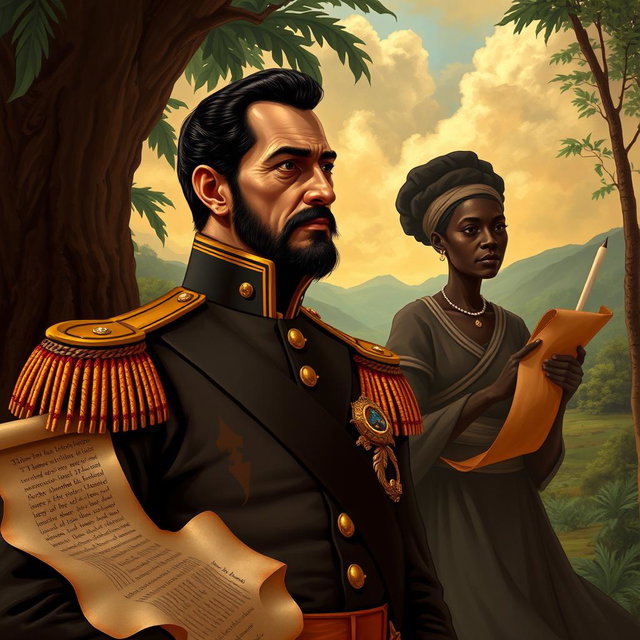 A powerful and evocative illustration of Simón Bolívar, the Liberator of America, depicted in a contemplative and solemn stance