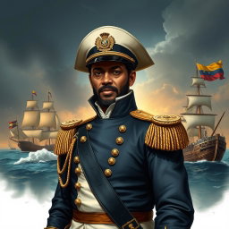 A stunning and historical illustration of José Prudencio Padilla, known as the Admiral, portrayed as a proud and valiant maritime hero of Colombian and Venezuelan Independence