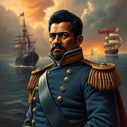 A stunning and historical illustration of José Prudencio Padilla, known as the Admiral, portrayed as a proud and valiant maritime hero of Colombian and Venezuelan Independence