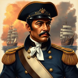 A stunning and historical illustration of José Prudencio Padilla, known as the Admiral, portrayed as a proud and valiant maritime hero of Colombian and Venezuelan Independence