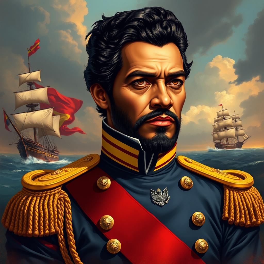 A stunning and historical illustration of José Prudencio Padilla, known as the Admiral, portrayed as a proud and valiant maritime hero of Colombian and Venezuelan Independence