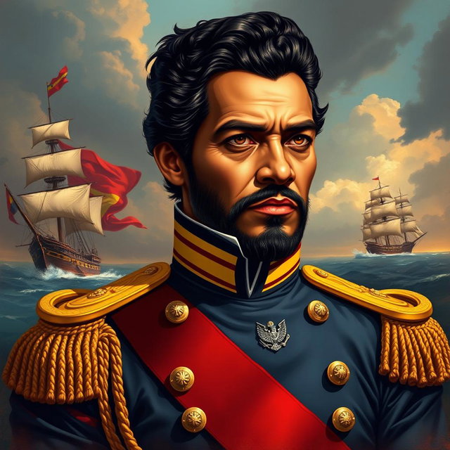 A stunning and historical illustration of José Prudencio Padilla, known as the Admiral, portrayed as a proud and valiant maritime hero of Colombian and Venezuelan Independence