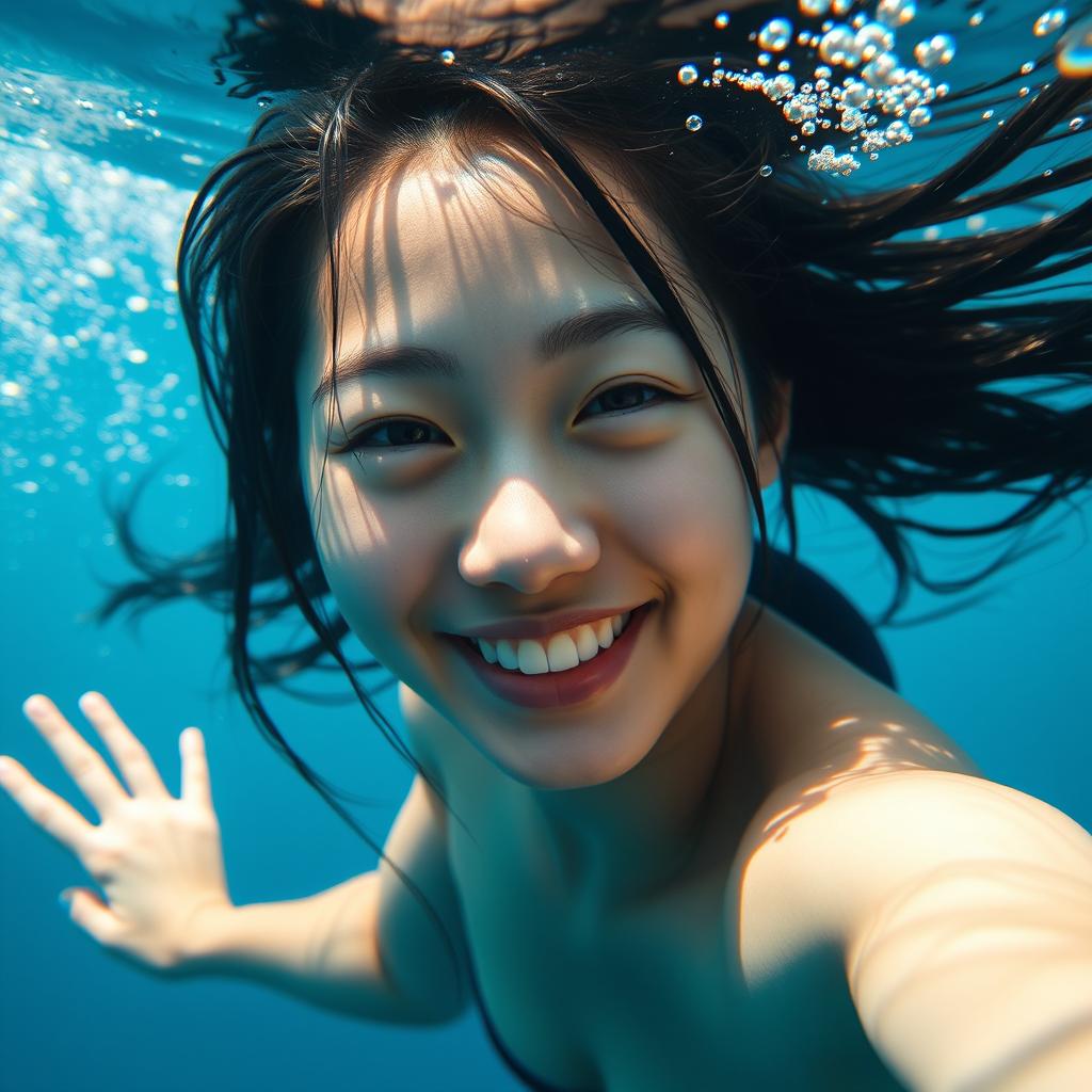 A young Asian woman swimming underwater, smiling brightly at the camera, her dark, wet hair floating freely around her