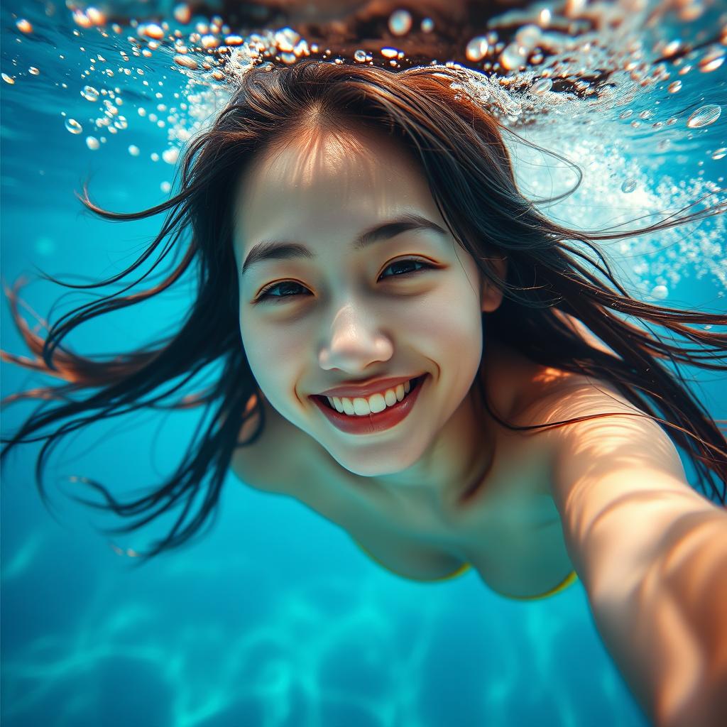 A young Asian woman swimming underwater, smiling joyfully at the camera, her dark, wet hair floating freely around her