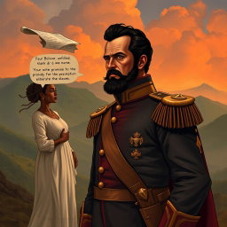 A deeply emotional and historical illustration of Simón Bolívar, the Liberator of America, portrayed in his military attire, standing resolutely yet contemplatively