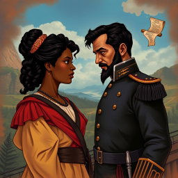 A deeply emotional and historical illustration of Simón Bolívar, the Liberator of America, portrayed in his military attire, standing resolutely yet contemplatively