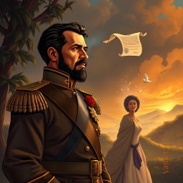 A deeply emotional and historical illustration of Simón Bolívar, the Liberator of America, portrayed in his military attire, standing resolutely yet contemplatively