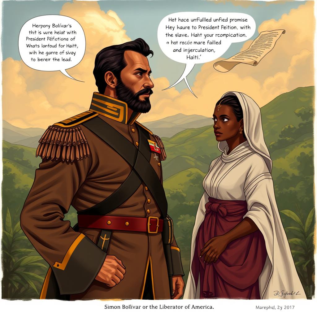 A deeply emotional and historical illustration of Simón Bolívar, the Liberator of America, portrayed in his military attire, standing resolutely yet contemplatively