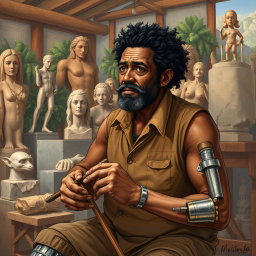 An inspiring illustration of Antonio Francisco Lisboa, known as Aleijadinho, depicted as a resilient and formidable artist despite his physical challenges