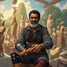 An inspiring illustration of Antonio Francisco Lisboa, known as Aleijadinho, depicted as a resilient and formidable artist despite his physical challenges