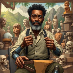 An inspiring illustration of Antonio Francisco Lisboa, known as Aleijadinho, depicted as a resilient and formidable artist despite his physical challenges