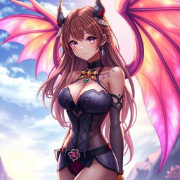 A sexy waifu character in an anime style, featuring elegant wings that reflect a vibrant color palette