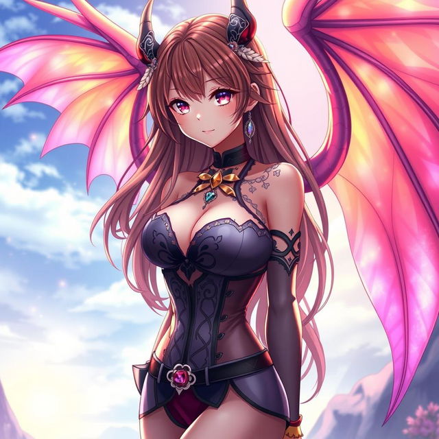 A sexy waifu character in an anime style, featuring elegant wings that reflect a vibrant color palette
