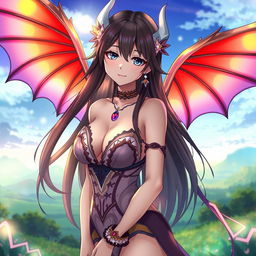 A sexy waifu character in an anime style, featuring elegant wings that reflect a vibrant color palette