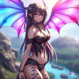 A sexy waifu character in an anime style, featuring elegant wings that reflect a vibrant color palette