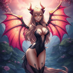 A sexy waifu character in an anime style, featuring elegant wings and dressed in a revealing outfit that showcases her curves