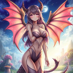 A sexy waifu character in an anime style, featuring elegant wings and dressed in a revealing outfit that showcases her curves