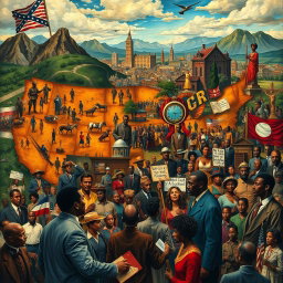 An elaborate and thought-provoking illustration that captures the diverse and dynamic geographical landscape of the United States, intertwined with pivotal historical moments