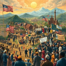 An elaborate and thought-provoking illustration that captures the diverse and dynamic geographical landscape of the United States, intertwined with pivotal historical moments