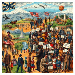 An elaborate and thought-provoking illustration that captures the diverse and dynamic geographical landscape of the United States, intertwined with pivotal historical moments