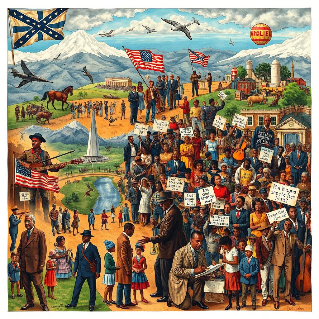 An elaborate and thought-provoking illustration that captures the diverse and dynamic geographical landscape of the United States, intertwined with pivotal historical moments