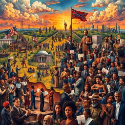 An elaborate and thought-provoking illustration that captures the diverse and dynamic geographical landscape of the United States, intertwined with pivotal historical moments