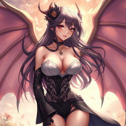 A seductive waifu character in an anime style, featuring elegant wings and dressed in a shoulderless, revealing outfit with long sleeves that accentuate her curves