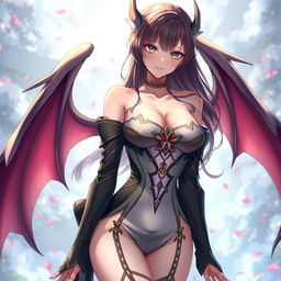 A seductive waifu character in an anime style, featuring elegant wings and dressed in a shoulderless, revealing outfit with long sleeves that accentuate her curves