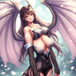 A seductive waifu character in an anime style, featuring elegant wings and dressed in a shoulderless, revealing outfit with long sleeves that accentuate her curves