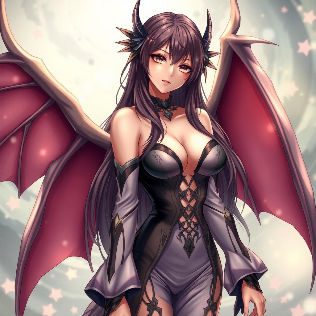 A seductive waifu character in an anime style, featuring elegant wings and dressed in a shoulderless, revealing outfit with long sleeves that accentuate her curves