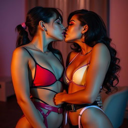 A sexy and alluring scene featuring two confident lesbian feminist women passionately kissing