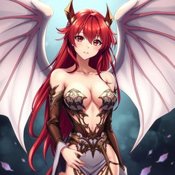 A sexy redhead waifu character in an anime style, featuring elegant wings and dressed in a shoulderless, revealing outfit with long sleeves that accentuates her alluring figure