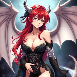 A sexy redhead waifu character in an anime style, featuring elegant wings and dressed in a shoulderless, revealing outfit with long sleeves that accentuates her alluring figure
