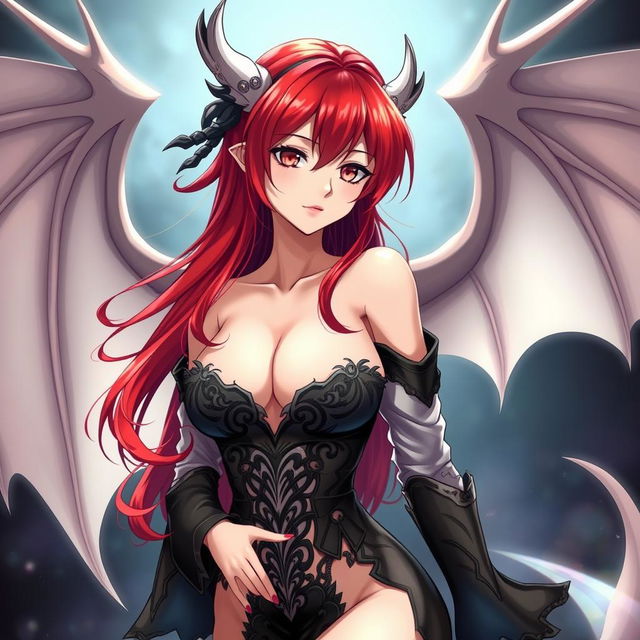 A sexy redhead waifu character in an anime style, featuring elegant wings and dressed in a shoulderless, revealing outfit with long sleeves that accentuates her alluring figure