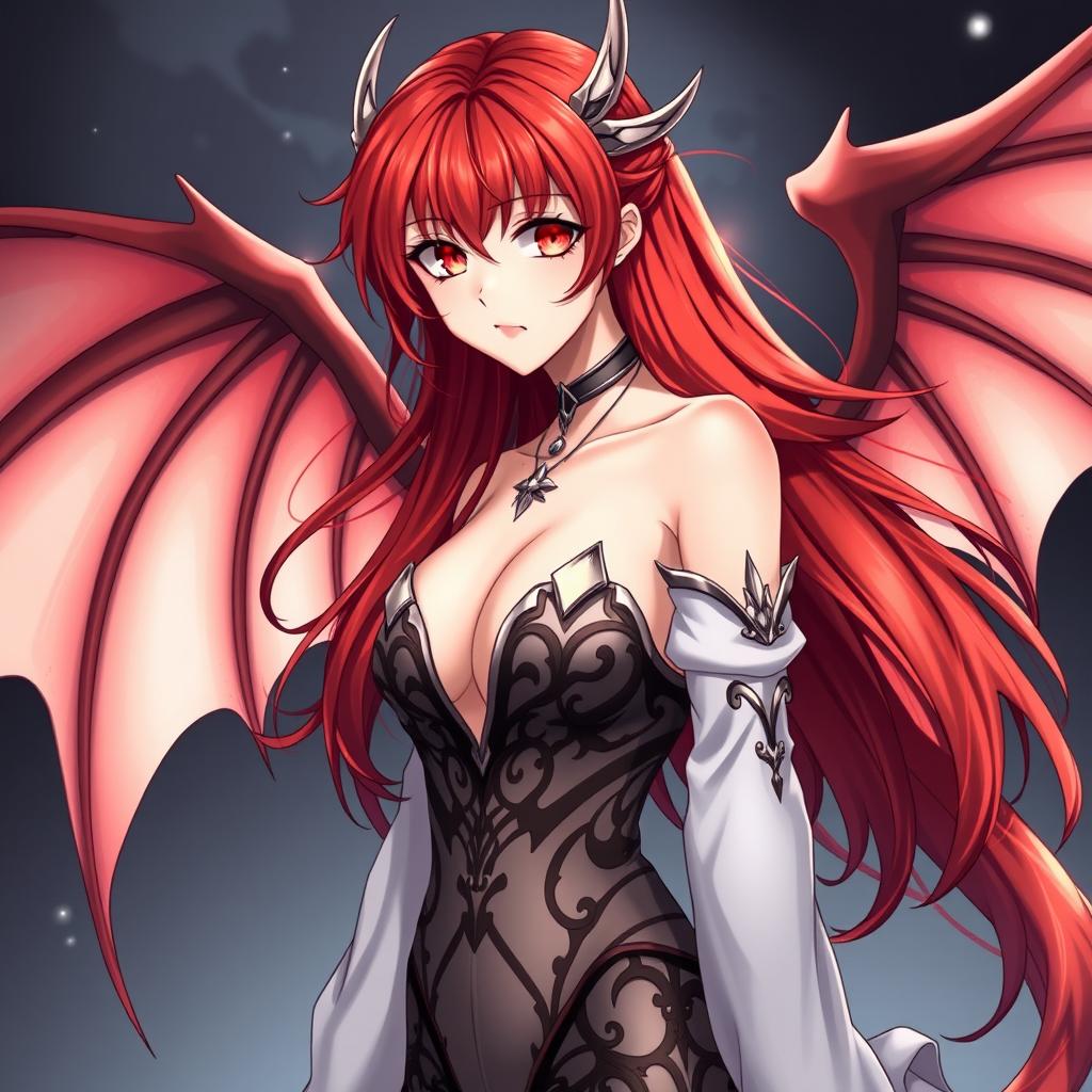 A sexy redhead waifu character in an anime style, featuring elegant wings and dressed in a shoulderless, revealing outfit with long sleeves that accentuates her alluring figure