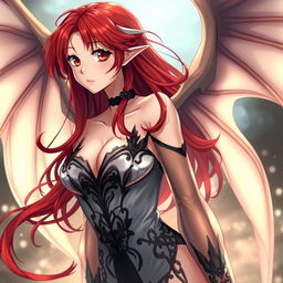 A sexy redhead waifu character in an anime style, featuring elegant wings and dressed in a shoulderless, revealing outfit with long, transparent sleeves that accentuate her alluring figure