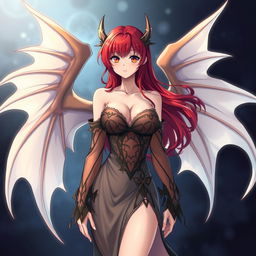 A sexy redhead waifu character in an anime style, featuring elegant wings and dressed in a shoulderless, revealing outfit with long, transparent sleeves that accentuate her alluring figure