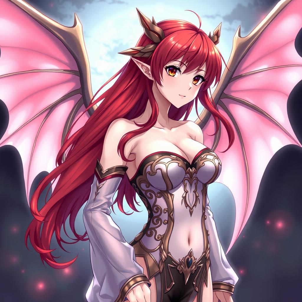 A sexy redhead waifu character in an anime style, featuring elegant wings and dressed in a shoulderless, revealing outfit with long, transparent sleeves that accentuate her alluring figure
