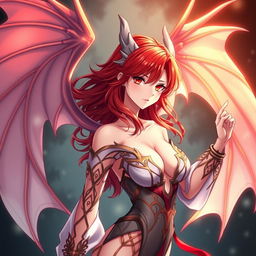 A sexy redhead waifu character in an anime style, featuring elegant wings and dressed in a shoulderless, revealing outfit with long, transparent sleeves that accentuate her alluring figure