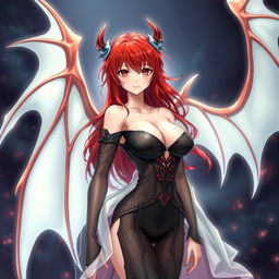A sexy redhead waifu character in an anime style, featuring elegant wings and dressed in a shoulderless, revealing outfit with long, transparent sleeves that enhance her alluring figure
