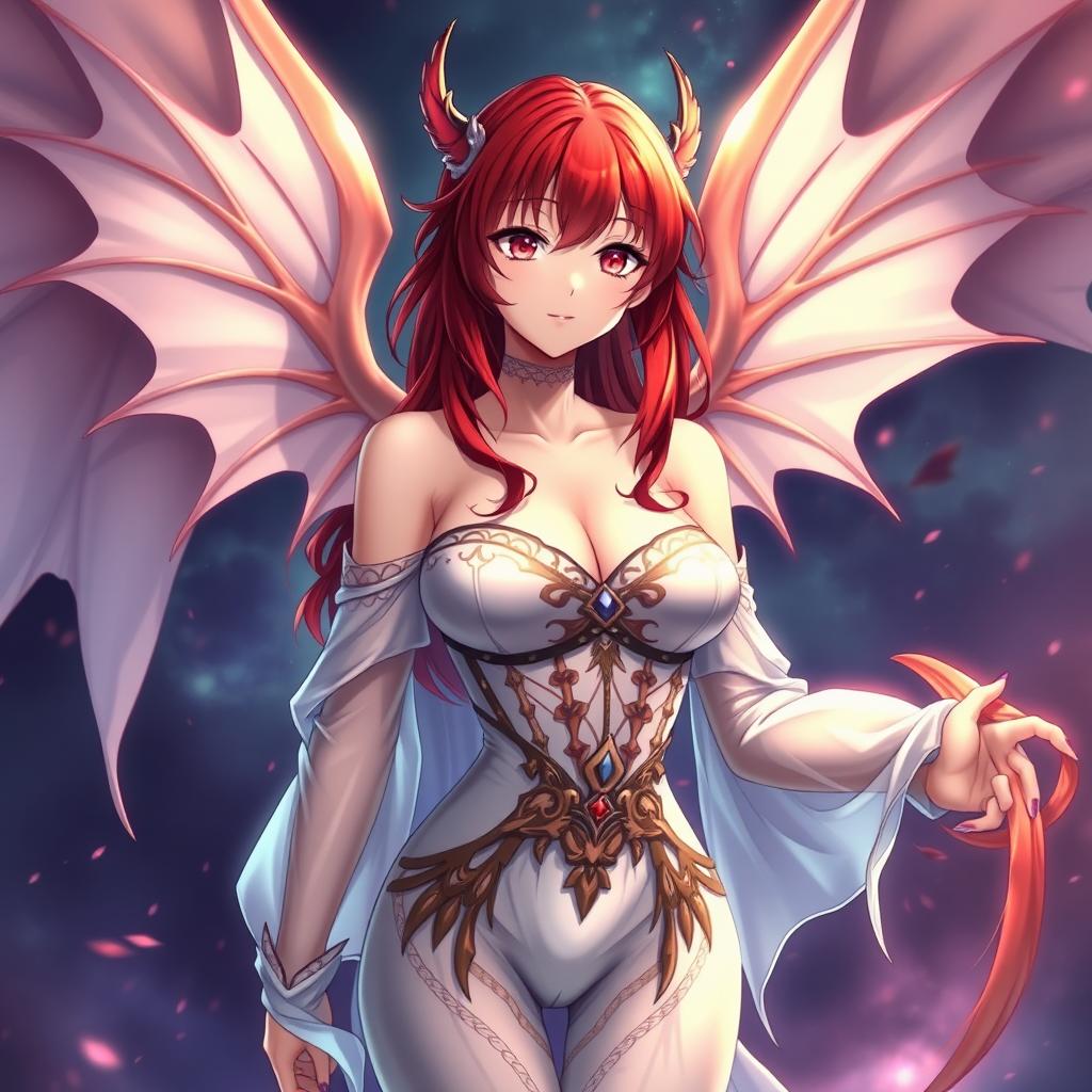 A sexy redhead waifu character in an anime style, featuring elegant wings and dressed in a shoulderless, revealing outfit with long, transparent sleeves that enhance her alluring figure