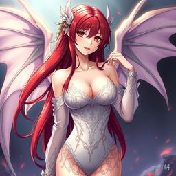 A sexy redhead waifu character in an anime style, featuring elegant wings and dressed in a shoulderless, revealing outfit with long, transparent sleeves that enhance her alluring figure