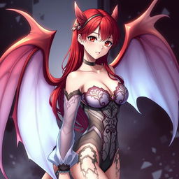 A sexy redhead waifu character in an anime style, featuring elegant wings and adorned in a shoulderless, revealing outfit with long, transparent sleeves that beautifully highlight her figure