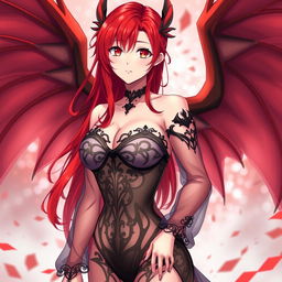 A sexy redhead waifu character in an anime style, featuring elegant wings and adorned in a shoulderless, revealing outfit with long, transparent sleeves that beautifully highlight her figure