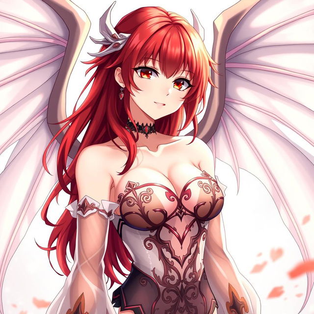 A sexy redhead waifu character in an anime style, featuring elegant wings and adorned in a shoulderless, revealing outfit with long, transparent sleeves that beautifully highlight her figure
