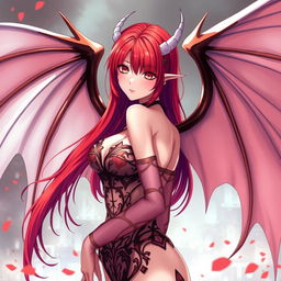 A sexy redhead waifu character in an anime style, featuring elegant wings and adorned in a shoulderless, revealing outfit with long, transparent sleeves that beautifully highlight her figure
