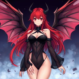 A sexy redhead waifu character in an anime style, featuring elegant wings and adorned in a stunning black shoulderless, revealing outfit with long, transparent sleeves that highlight her alluring figure